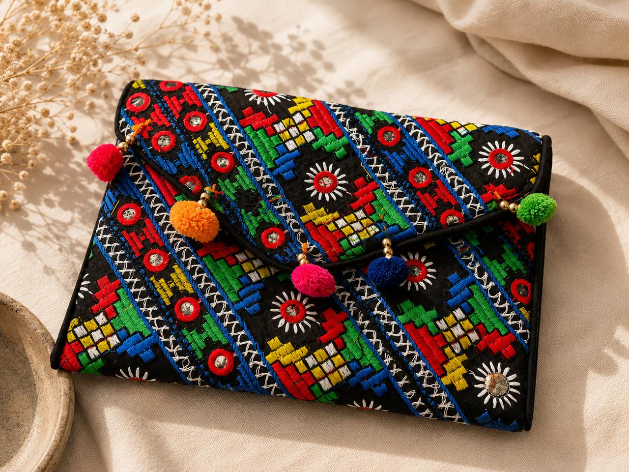 Folk Mosaic Pom-Pom Clutch