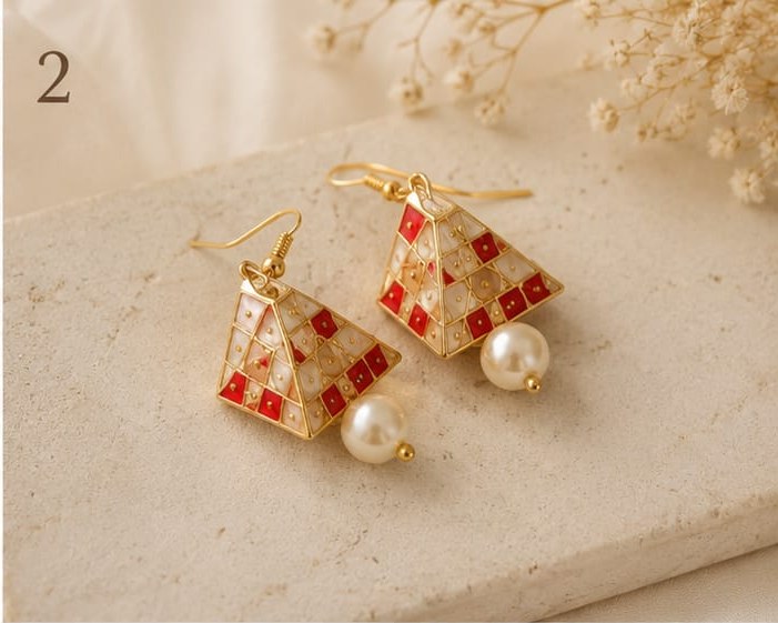 Pearl Red Meenakari Triangle Earrings