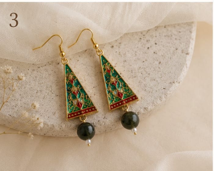 Emerald Floral Meenakari Triangle Earrings