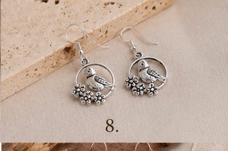 Silver Bird and Flower Earrings